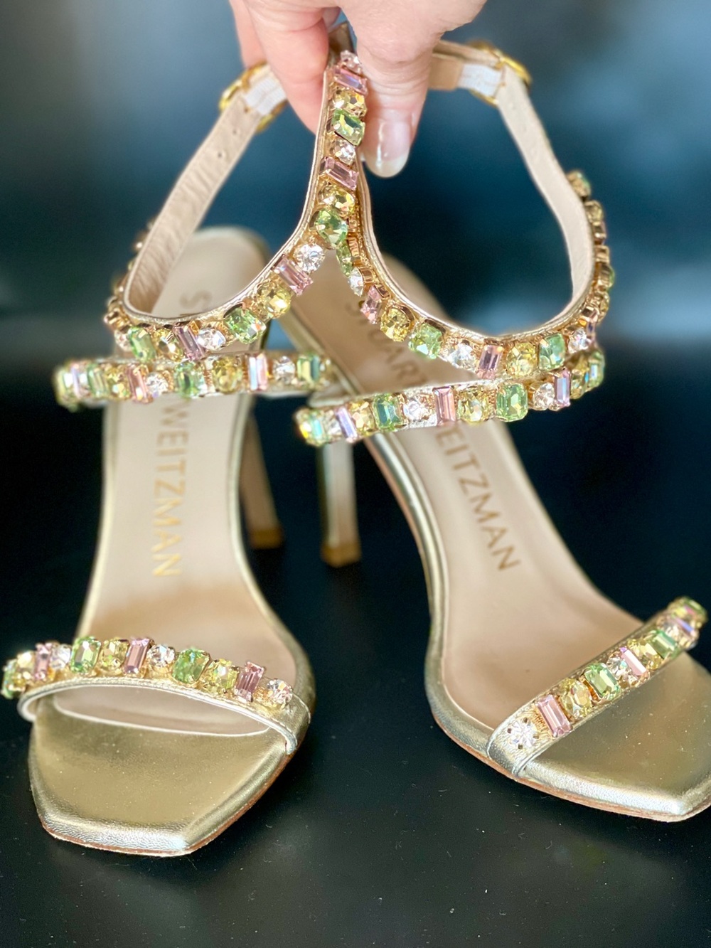 Stuart Weitzman Jaide 100 Gem Encrusted Metallic Sandal Gold Size 5 - Picture 2 of 7